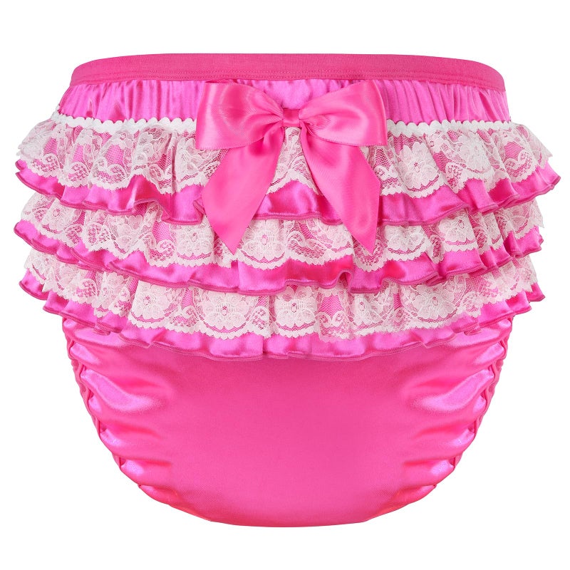 LittleForBig Soft Underwear Comfortable Washable Reusable Ruffled Lace Bow Pretty in Hot Pink Satin Adult Training Pants L